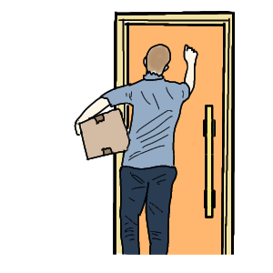 玄関をノックする配達員